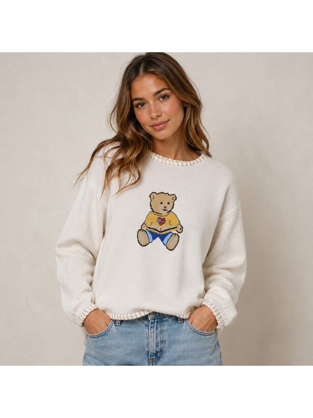 CC Hughes VTG SZ L Whip Stiched Cotton Blend Sweater With Embroidered Teddy Bear